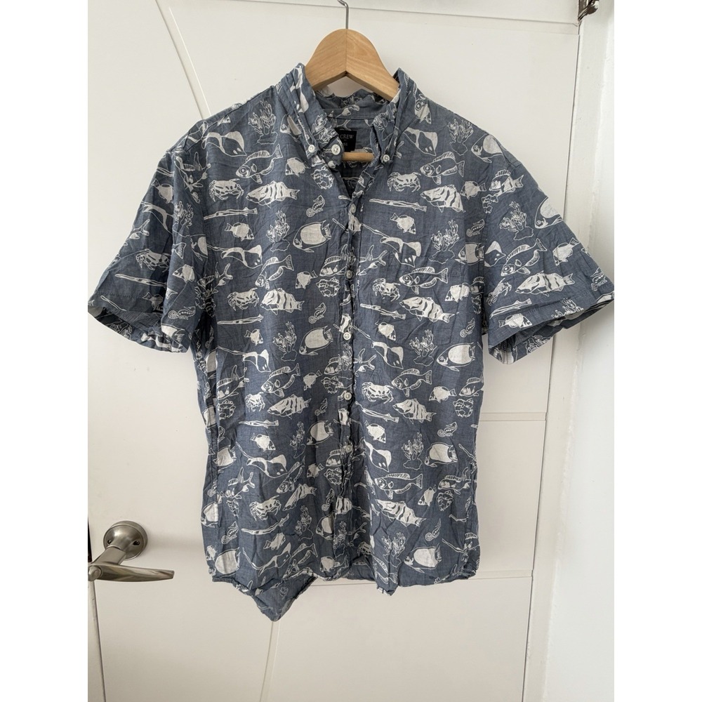 J.CREW Mens Short Sleeve Button Down Cotton Shirt Blue Fish Pattern L